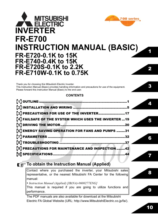 Capa do manual Inversor FR-E700 (Mitsubishi Electric)